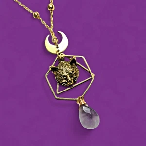 CAT & AMETHYST NECKLACE golden geometric moon crystal pendant panther occult L5 - Picture 1 of 6