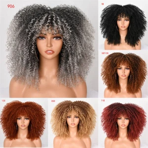 Peluca rizada afro rizada pelucas sintéticas natural sin pegamento marrón rubio con flequillo - Imagen 1 de 20