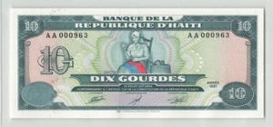 HAITI 10 Gourdes 1991, P-261, G&D Print, AA000963, Low S/N. Original UNC. H3 - Picture 1 of 2
