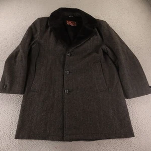 VTG Tweed Jacket Mens M Gray Herringbone Wool Fur Trim Made in USA - Picture 1 of 16