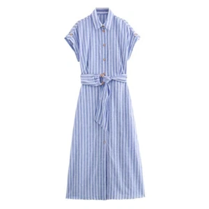Long Linen Shift Belted Dress Striped Blue White Relaxed Summer Women's Maxi - Picture 1 of 9