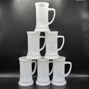 Vintage Federal Glass Milk Glass Beer Steins Tavern Scene 6” USA Set of 6 Mugs - Picture 1 of 14