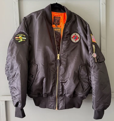 🇺🇸 Bravo Series USMC Vietnam Veterano Chaqueta de Bombardero Ocultar Llevar L Negro Naranja Foto 1 de 4