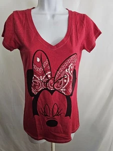 Disney Minnie Mouse Red V-Neck Graphic T-Shirt Women’s Size M Bandana Bow Short - Picture 1 of 5