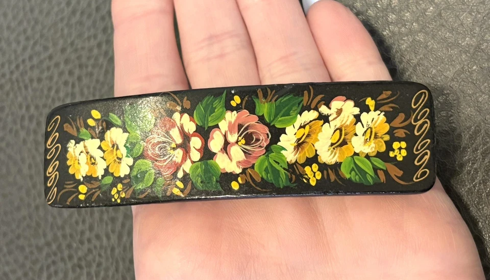 Vtg Russian Lacquered Floral Barrette Hand Painted Black Wood Hair Clip Signed - Image 1 of 4