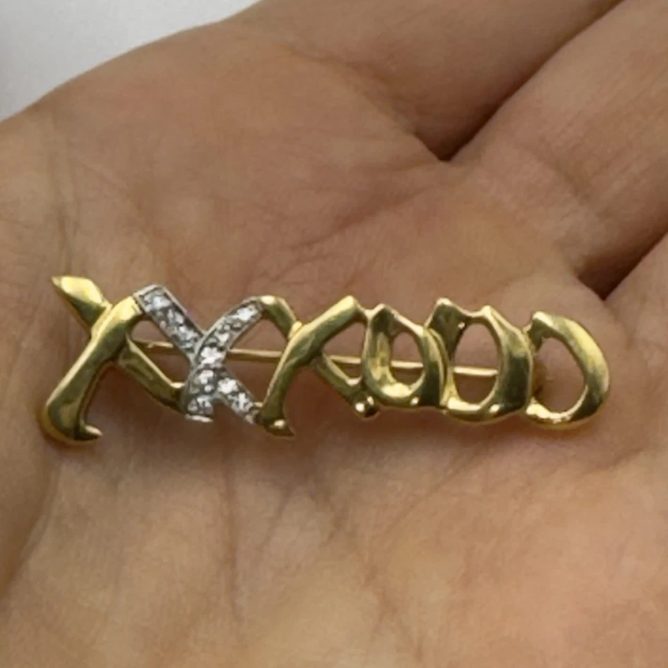 Tiffany Co 1983 Paloma Picasso Platinum 18K Yellow Gold Diamond XO Brooch 4.38gr - Image 1 of 4
