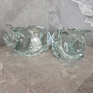 2 PIG CANDLE HOLDER VOTIVE INDIANA GLASS Clear  PAPERWEIGHT CANDLE HOLDER USA - Picture 1 of 7