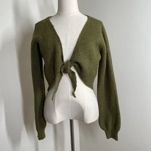 Double Zero -SZ S -Green Cropped Open Front Tie Balloon Sleeve Cardigan Sweater - Picture 1 of 7