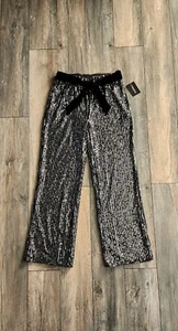 NWT Black And Silver Wide Leg Sequin Shiny Sparkle Women’s Pants Medium Size - Picture 1 of 11