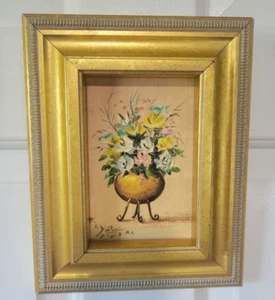 VTG Gold Gilt 7.5 x 9.75 Framed Small Floral Oil Painting by R.L. Datu Canvas  - Picture 1 of 15