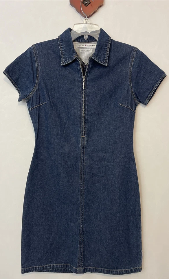 Vestido vaquero azul vintage Tommy Hilfiger para mujer talla 8 media cremallera hasta la rodilla! A6793 Foto 1 de 4