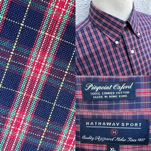 Hathaway Sport Red Blue Plaid LS Shirt Men's XL BD Pinpoint Oxford 100% Cotton - Picture 1 of 18