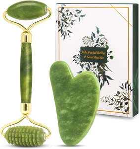 Gua Sha & Jade Roller Gift Set, Natural Green Face Roller and Gua Sha Stone Set, - Picture 1 of 12