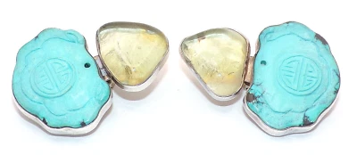 REBECCA COLLINS Signed Sterling Silver TURQUOISE & Quartz CLIP ON EARRINGS - Image 1 of 4