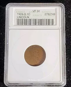 1909-S ANACS VF 30 Key Date Lincoln Wheat One Cent Coin BN Rare T8305 - Picture 1 of 5