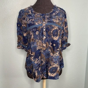 Intro Blouse Shirt Top Women Petite XL Blue Floral Short Sleeve Boho 70s Retro - Picture 1 of 13