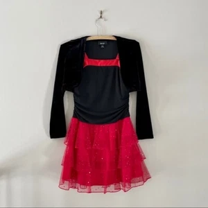 BCX Girl Black and Red Sequined Drop Waist Tiered Dress with Long Sleeve Shrug - Picture 1 of 7