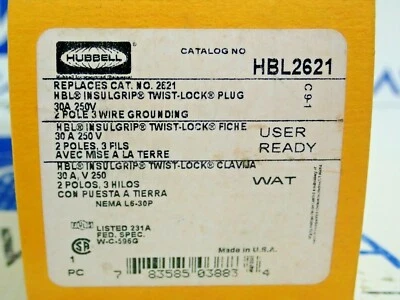 HUBBELL HBL2621 INSULGRIP TWIST LOCK PLUG 2 POLE 3 WIRE 30A 250V - Image 1 of 4