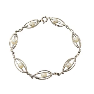 Vintage Womens Silver Tone & Pearl Cage Bracelet With Elegant Oval Links 7.75 In - Picture 1 of 3