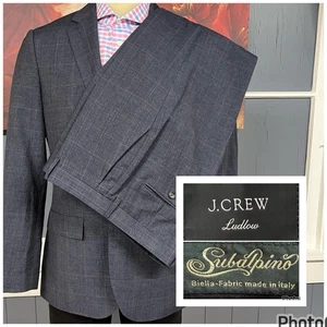J. Crew Suit Mens 40R Slim Fit Wool Linen Pants 34x34 Tapered Leg Navy/Red Plaid - Picture 1 of 16