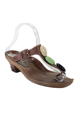 Marni Womens Leather Textured Thong Strap Beaded Slip On Block Heels Brown Size - Image 1 of 4