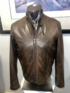Vintage 90's Leather Cafe Jacket Quilted Lined Distressed Look Brown Pebble S - Picture 1 of 14