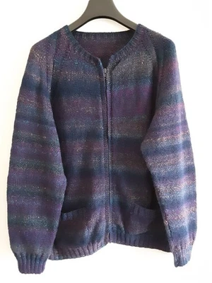 Handmade Knitted Cardigan. Blue Wool. Uk 16-18. Long Sleeved. Full Zip. Pockets - Image 1 of 4