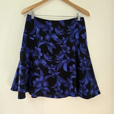 Ann Taylor Skirt 8P Petite Tropical Flounce Purple Black Floral Lined Preppy - Image 1 of 4