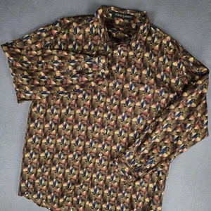 Jhane Barnes Shirt Mens Large Brown 100% Silk Geometric Button Front Long Sleeve - Picture 1 of 7