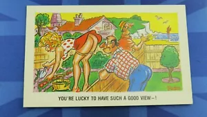 Freche Comic Postkarte 70er Jahre Upskirt Anspielungen DU HAST GLÜCK HAST SO EINE GUTE ANSICHT - Bild 1 von 2