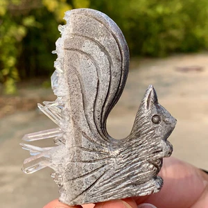 63GNatural crystal cluster quartz mineral hand carved squirrel specimen restorat - Picture 1 of 21