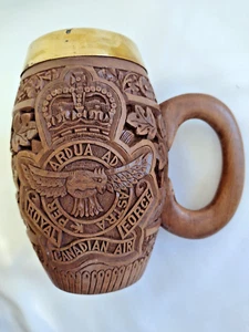 Royal Canadian Air Force Heavily Carved 10 Oz. Stein With Brass Trim & Insignia - Picture 1 of 6