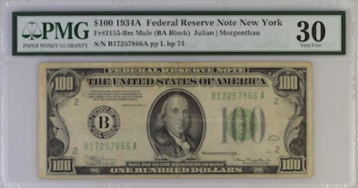 Fr #2153-Bm Mule 1934 A Federal Reserve Note 30 VF NEW YORK  (BA BLOCK )  - Image 1 of 2