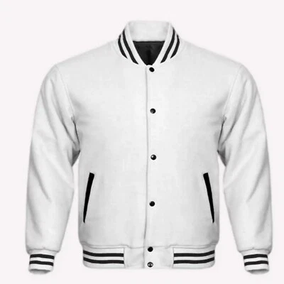 Varsity Classic Retro Letterman Baseball  All Wool Solid White Jacket - Image 1 of 3