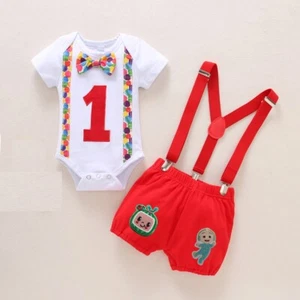 Boy 1st Birthday Smash Outfit Watermelon Bodysuit Suspenders Clothes Coco Melon - Picture 1 of 2