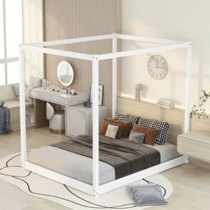 Queen Size Wood Four Poster Canopy Platform Bed Frame with Support Legs,White US - Picture 1 of 12