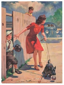 1930s R.J. Stuart Look Before You Leap Calendar Litho Girl Baseball Dog Car - Picture 1 of 2