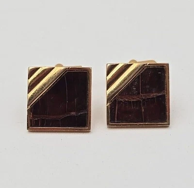 Gemelos vintage Swank tono dorado con espalda de bala de cuero sintético marrón Foto 1 de 4