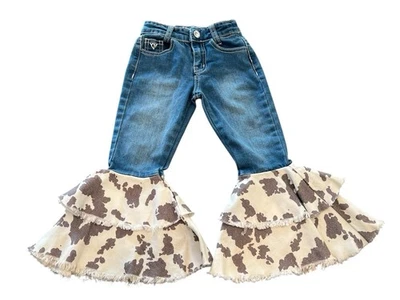 女牛仔五金尺寸 2T 女孩喇叭牛仔印花荷叶边牛仔裤西部 Rodeo — 第 1/4 张图片