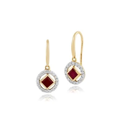 Classic Square Ruby & Diamond Halo Drop Earrings in 9ct Yellow Gold - Image 1 of 3