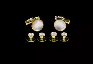 NEW Gold Pearl White Tuxedo Cuff links Shirt 4 Studs Formal Set Tux TUXXMAN - Picture 1 of 1