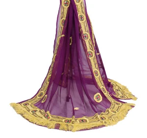 Velo lungo stola sushila vintage viola dupatta 100% puro chiffon seta ricamato lungo - Foto 1 di 10