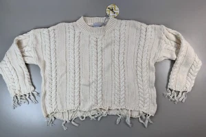 Hayden Los Angeles Womens Sweater Med Ivory Fisherman Chunky Knit Fringe Cropped - Picture 1 of 9