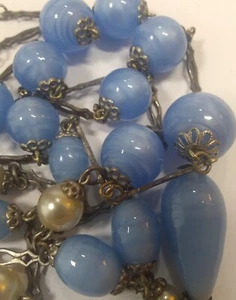 3 Art Deco Czech Blue Satin Swirl Glass Lavalier Silver Tone Necklaces Earrings - Picture 1 of 11