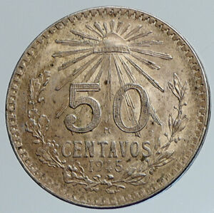 1945 MEXICO City EAGLE CACTUS SERPENT Silver 50 Centavos Mexican Coin i111654
