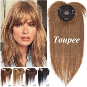 Natural Clip In REAL Remy Human Hair Mono Topper Hairpiece Wig Toupee with Bangs - Picture 1 of 17