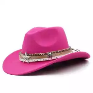 Hot Pink Western Cowboy, Cowgirl Hat, Lone Star Strap, Men Women Retro Wide Brim - Picture 1 of 2