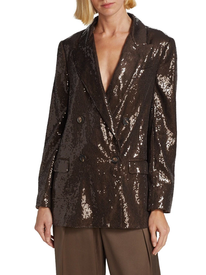 $9995 Brunello Cucinelli Sequin Double-Breasted Jacket Blazer Brown IT 40 / US 4 - Image 1 of 4