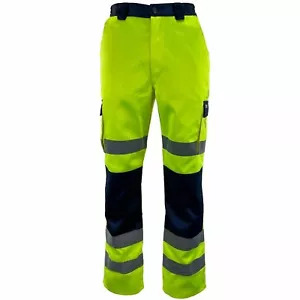 PANTALONI DA LAVORO HI VIZ HIGH VIS 2 BANDE POLI COTONE RIFLETTENTI AUTOSTRADA FERROVIA Strade - Foto 1 di 8