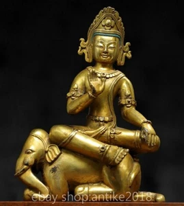 14" Old Chinese Copper Gild Buddhism Sit Puxian Manjushri ride elephant Statue - Picture 1 of 8
